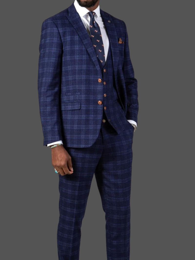 Marc Darcy Marc Darcy Eton Men S Blue Slim Fit Tweed Check Suit Waistcoat