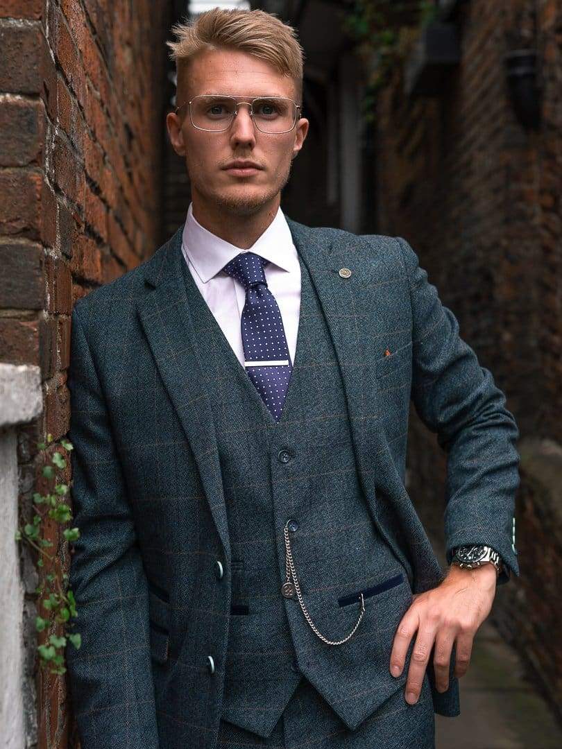 Marc Darcy | Marc Darcy Scott Blue Check Three Piece Suit - MENSWEARR