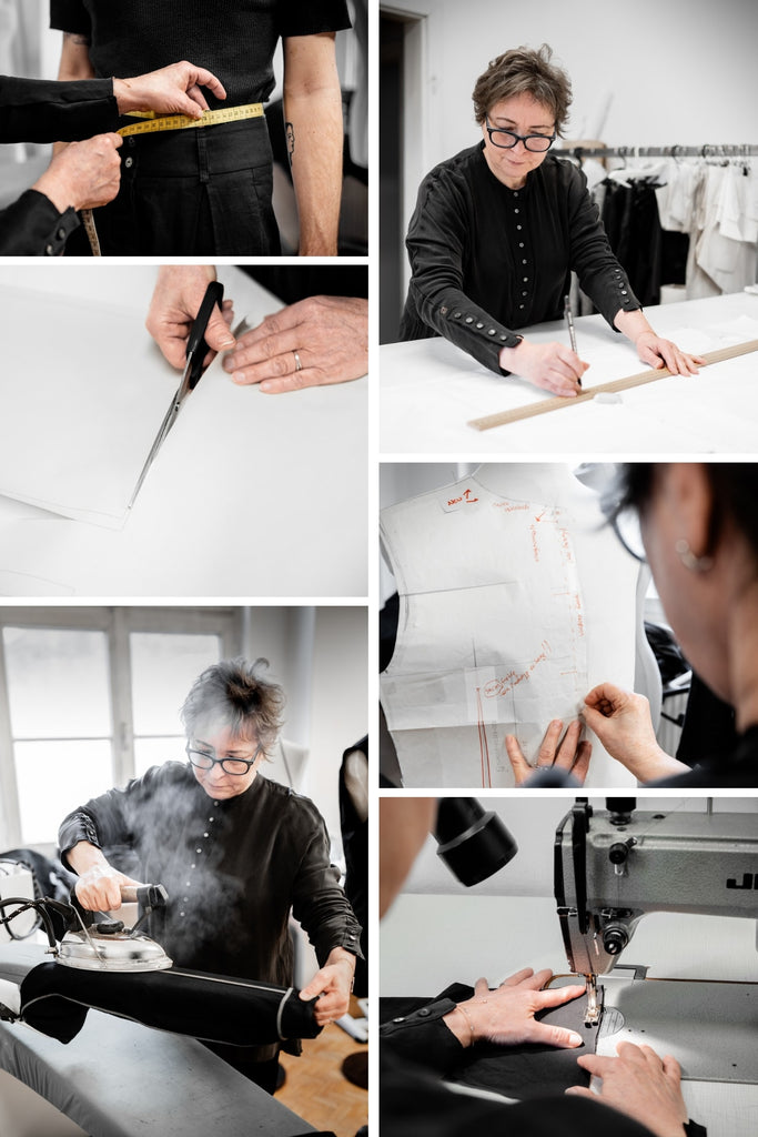 Collage of images showing the custom-tailoring process at eigensinnig wien