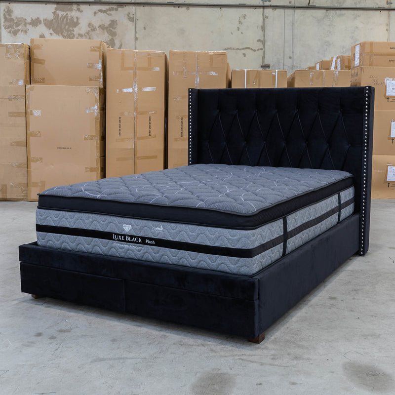 Olivia Queen Fabric Storage Bed - Black Velvet - Warehouse Furniture Clearance