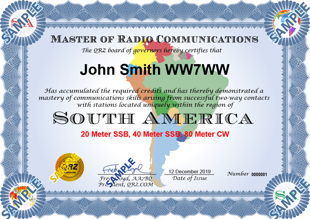 Award Certificate Master of Radio Communications South America QRZ