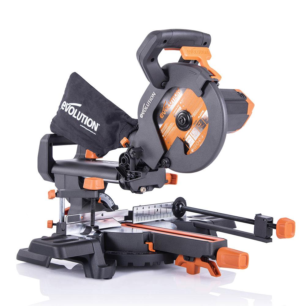Evolution R210SMS+ 210mm Sliding Mitre Saw with TCT Multi-Material Cutting Blade