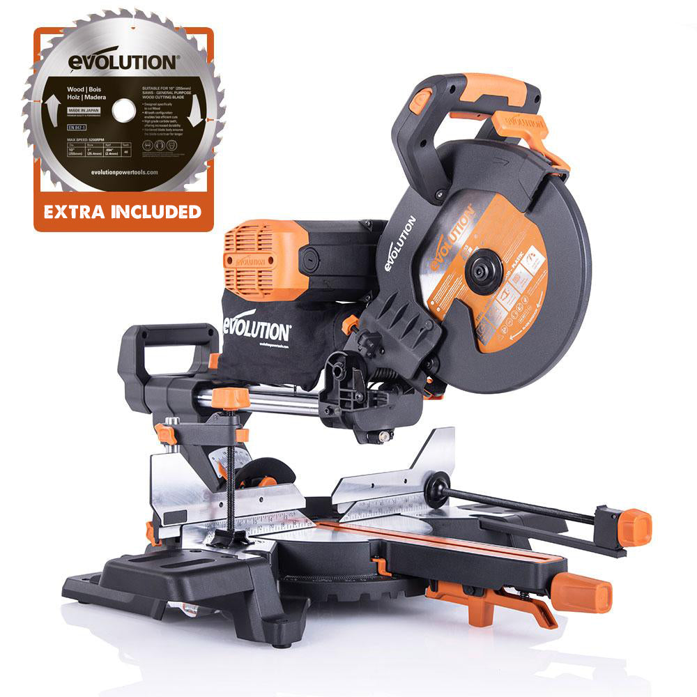 Evolution R255SMS-DB+ 255mm Double Bevel Sliding Mitre Saw with TCT Multi-Material Cutting Blade