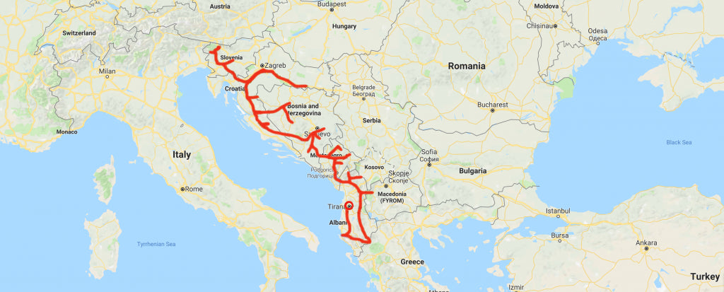 Rok first Balkan River Tour drawn with a red line on a map