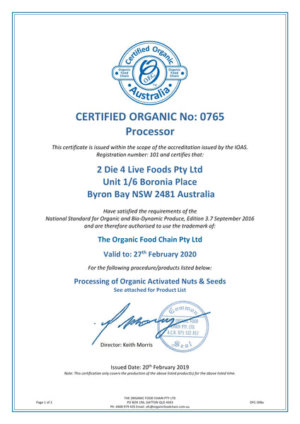 Organic Certification For Nut Activation Factory Byron Bay