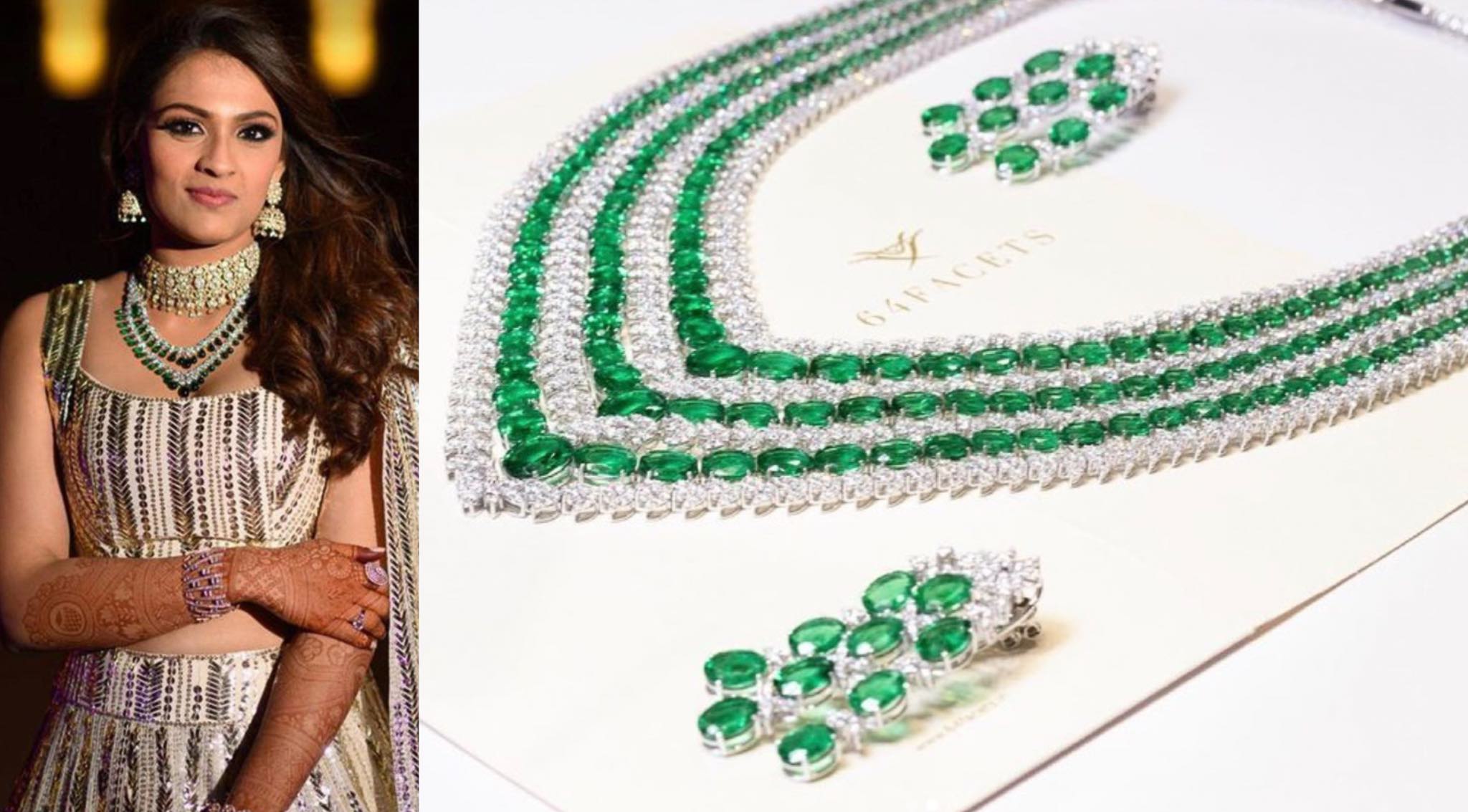 A bespoke Emerald and Diamond necklace and earring set one of a kind created hand in hand with the bride