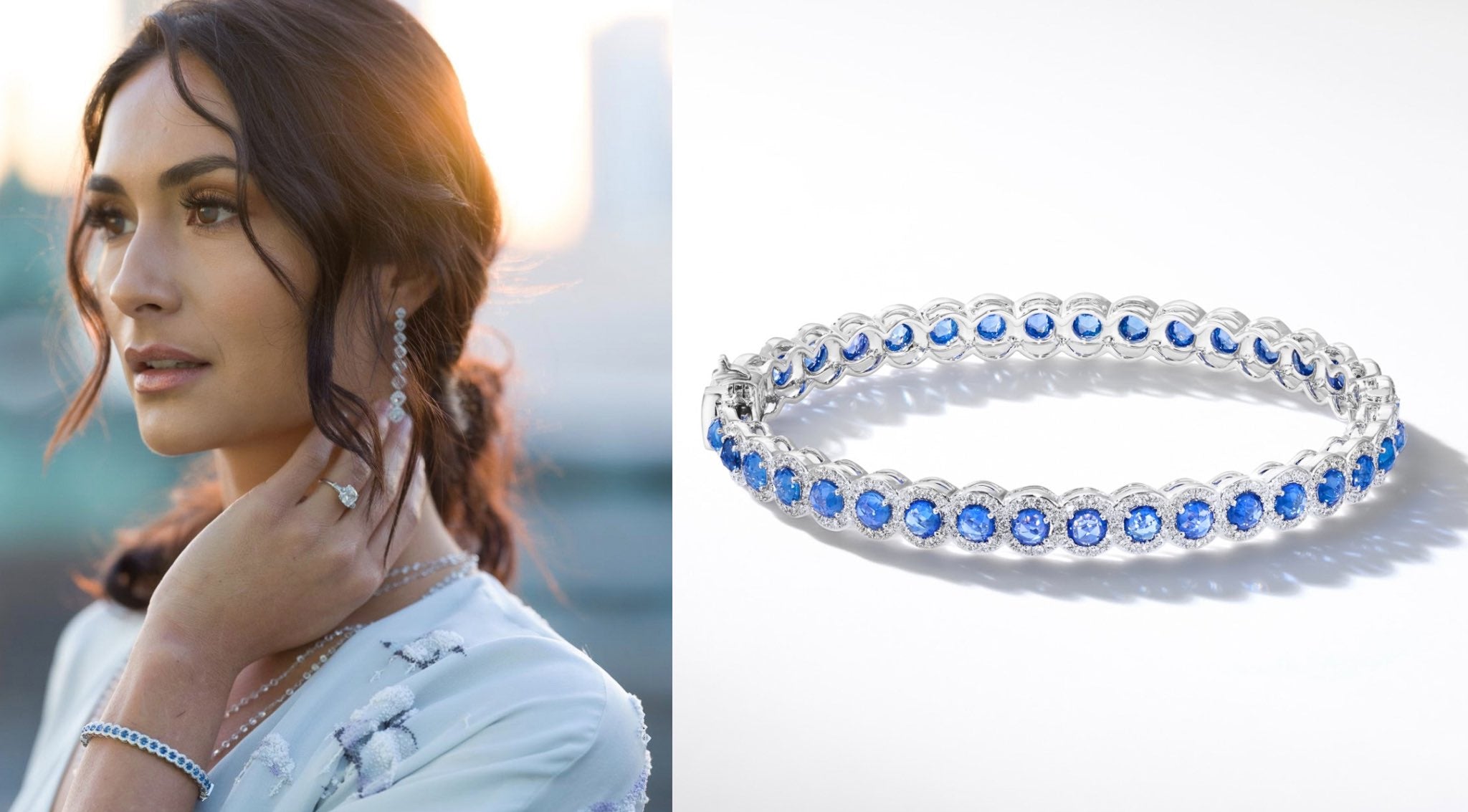 Cushion Diamond Drop Dangle Earrings and our Rose-cut Diamond Chain Necklace paired with our Elements Sapphire Bangle