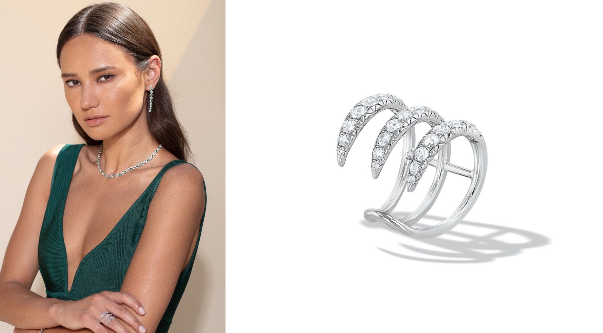 Elements Emerald & Diamond Tennis Necklace and Drop Dangle Earrings with our Diamond Claw Ring