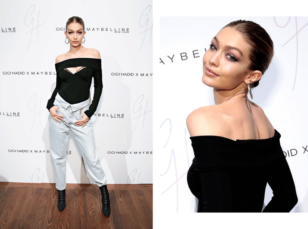 Gigi Hadid wearing hoop earrings for 2017 launch of Maybelline x Gigi Hadid