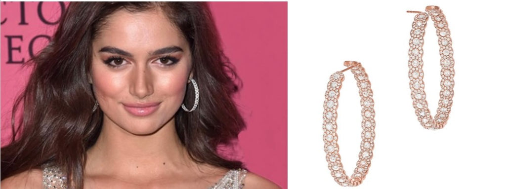 Maia Cotton wearing 64Facets’ Scallop Diamond Hoops in 18K white gold at Victoria’s Secret Show