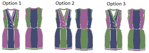 Three different colour blocking options for the Aldaia dress.