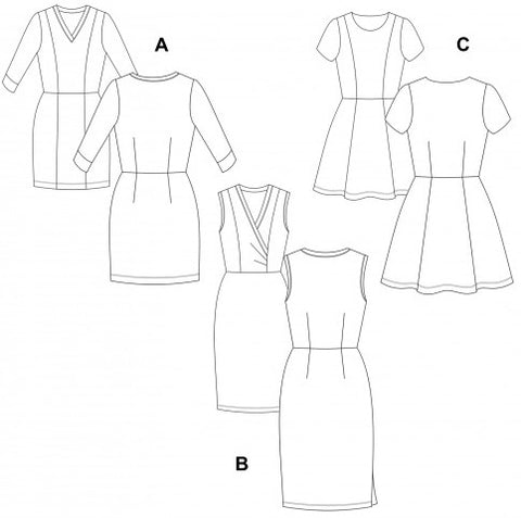 Outlines for all three views of the Aldaia dress.