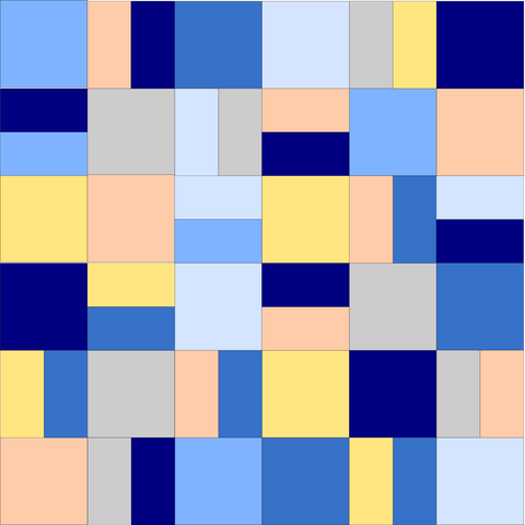 Squares and rectangles of solid colour, laid out in a square to show the quilt layout.