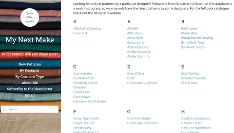 Screenshot of the Designers page on My Next Make, with a list of pattern designers.