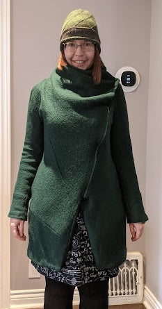 Genevieve coat, modelled by Jenn with matching green toque.