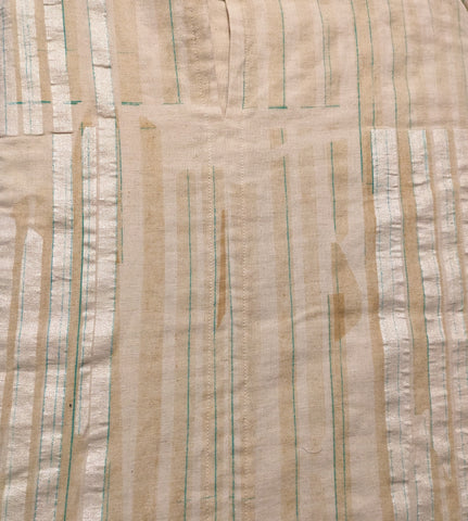 Beige fabric with shimmery pearl and turquoise uneven stripes