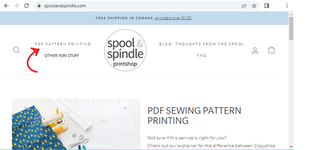 Spool & Spindle website homepage, with an arrow to "PDF Pattern Printing"