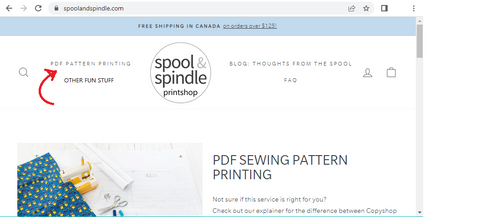 Screenshot of Spool & Spindle homepage, with the link for PDF Pattern Printing highlighted.