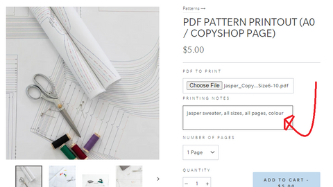 Website screenshot, with an arrow to the Printing Notes input field.