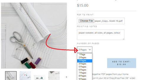 Screenshot of the PDF Pattern Printout page with an arrow pointing to the number of pages selector.