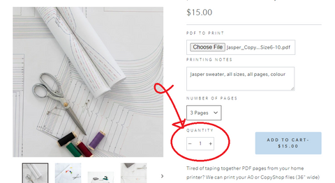 Screenshot of the PDF Pattern Printout page with an arrow pointing to the quantity selector.