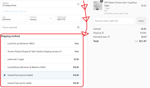 Screenshot of the checkout page, with the Shipping Methods section highlighted