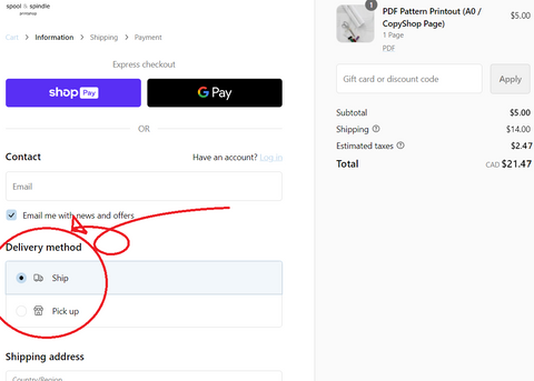 Screenshot of the checkout page, with the Ship/Pick up options highlighted