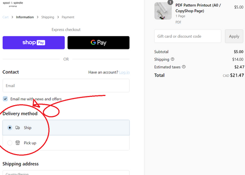 Screenshot of the checkout page, with the Delivery method: Ship highlighted