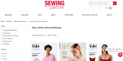 Screenshot of the Sewing Partner website, showing a selection of their bestselling tops