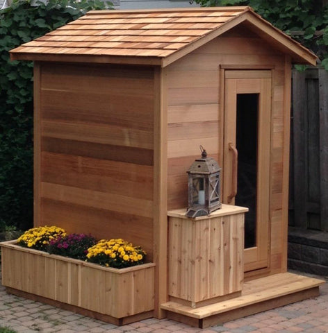 cabin outdoor cedar sauna.