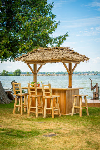 Tropical backyard tiki bar on the lake