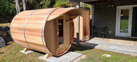 barrel sauna & shower outside