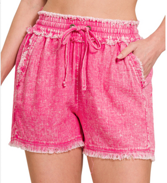 WASHED LINEN FRAYED HEM DRAWSTRING SHORTS - Fushia