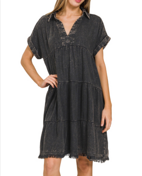 WASHED LINEN RAW EDGE V-NECK DRESS - Ash Black