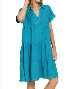 WASHED LINEN RAW EDGE V-NECK DRESS - Lt Teal