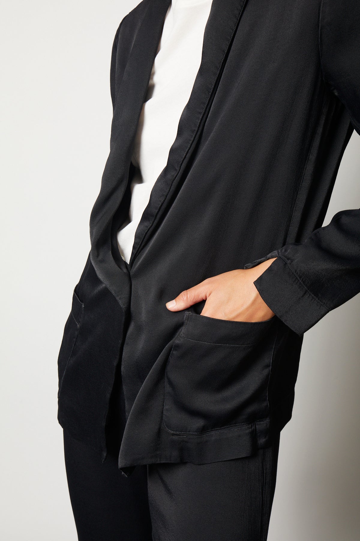 Black Washed Satin Shawl Blazer