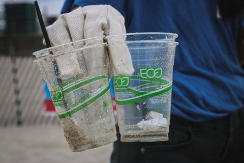 Pessoa, com luvas, segurando copos de plástico que foram descartados em praia