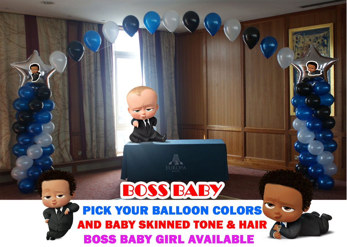 What is the title of this picture ? Boss Baby Shower Balloon Columns and Arch, Cake Table, Gift Table, DIY