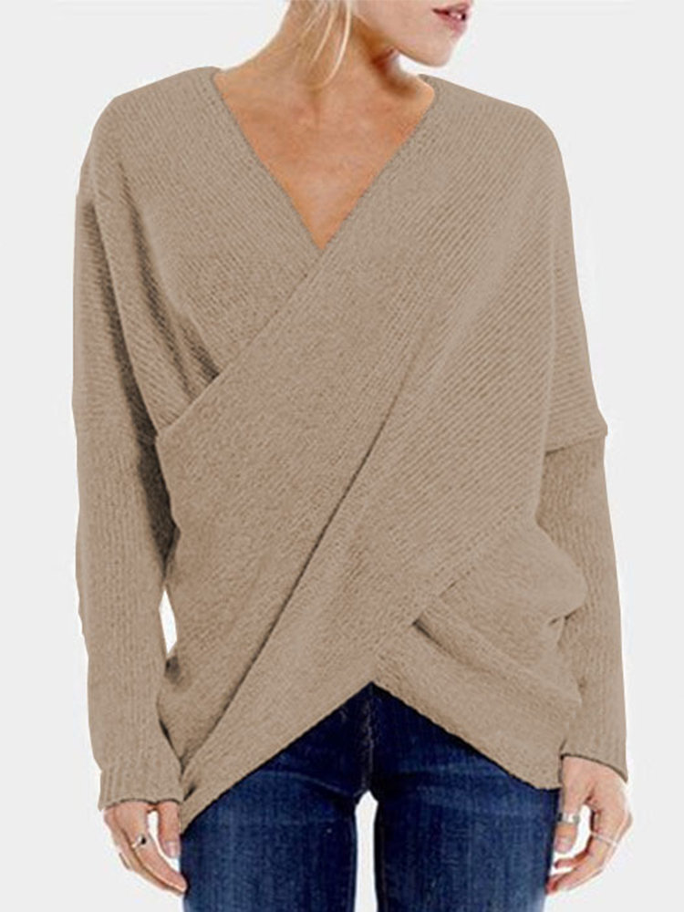 Cross Wrap Solid Color Irregular Long Sleeve Sweater – PinkEdit