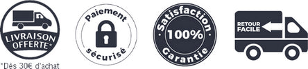 Badges: Livraison gratuite dès 30€, paiement sécurisé, garantie 100% satisfaction et retour facile.