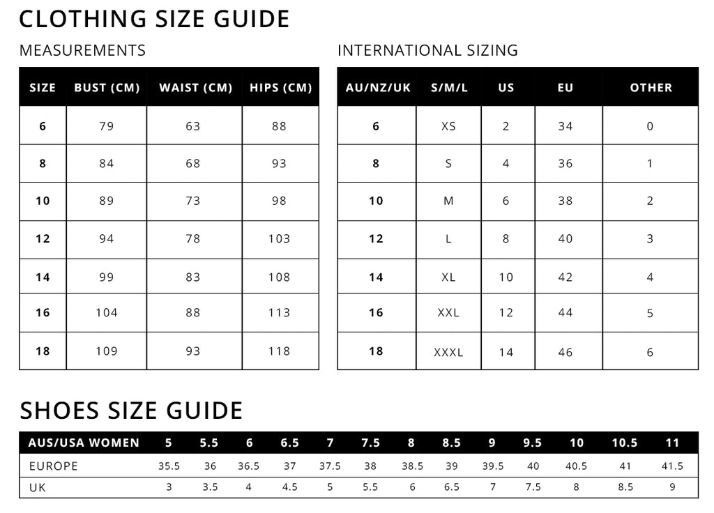 Size Chart – Katwalk Boutique AU