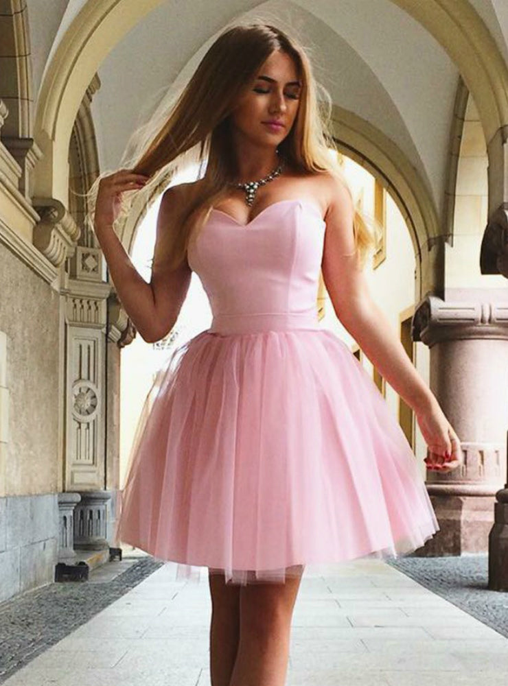 Pink Strapless A Line Tulle Mini Homecoming Dresses Cocktail Dresses ...