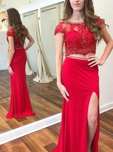 Red Two Pieces Slim Line Side Split Long Homecoming Dresses Prom Dresses freeshipping - NICEOO