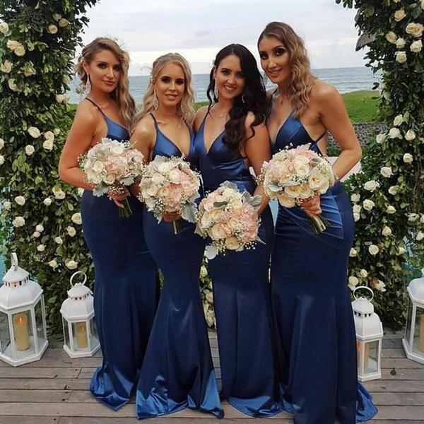 blue satin bridesmaid dresses