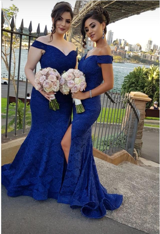 royal blue off the shoulder bridesmaid dress