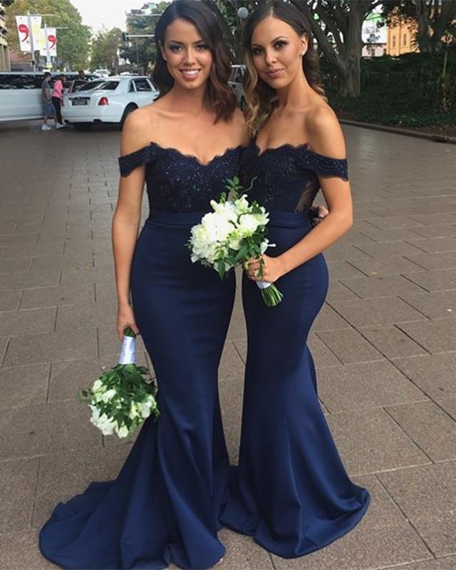 blue off the shoulder bridesmaid dress