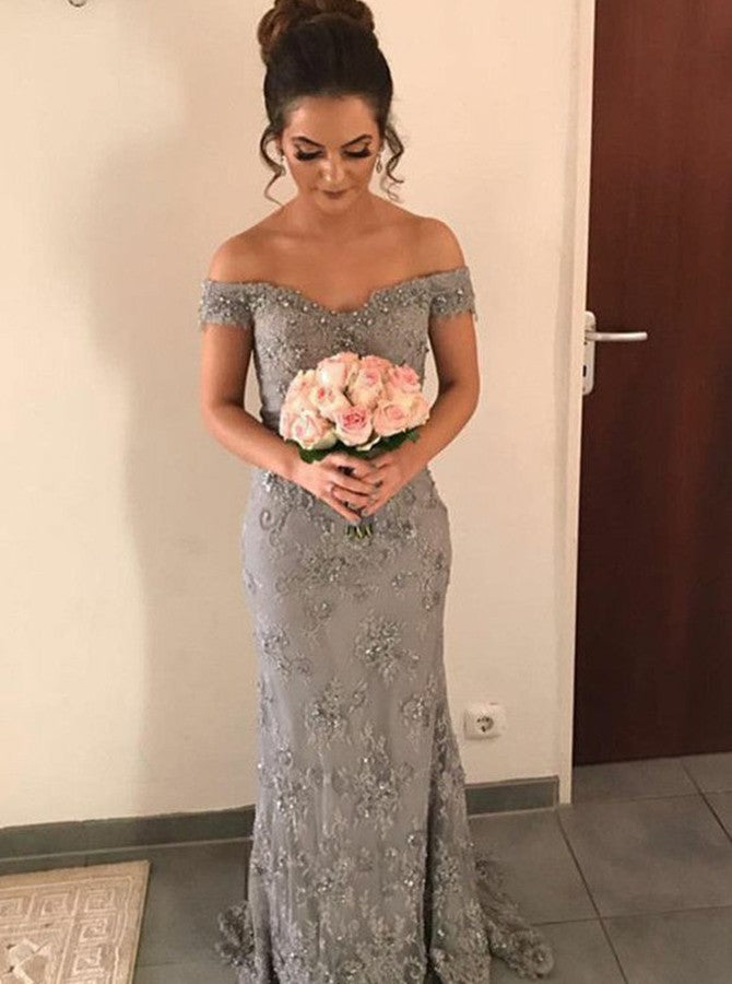 off the shoulder grey bridesmaid dresses