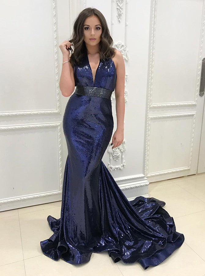 Navy Blue Deep V Neck Mermaid Long Prom Dresses With Sequin – NICEOO