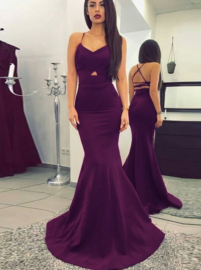 Purple Spaghetti Strap Open Back Mermaid Prom Dresses Evening Dresses ...