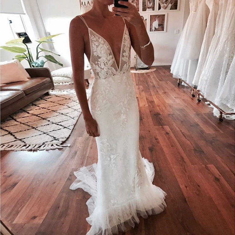 deep v open back wedding dress